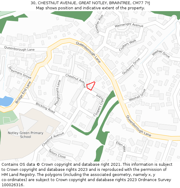 30, CHESTNUT AVENUE, GREAT NOTLEY, BRAINTREE, CM77 7YJ: Location map and indicative extent of plot