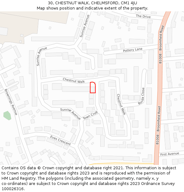 30, CHESTNUT WALK, CHELMSFORD, CM1 4JU: Location map and indicative extent of plot