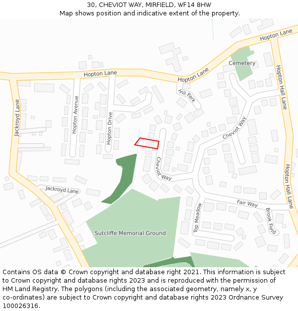 30, CHEVIOT WAY, MIRFIELD, WF14 8HW: Location map and indicative extent of plot