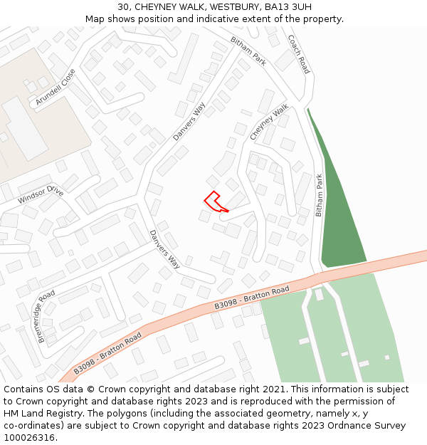 30, CHEYNEY WALK, WESTBURY, BA13 3UH: Location map and indicative extent of plot