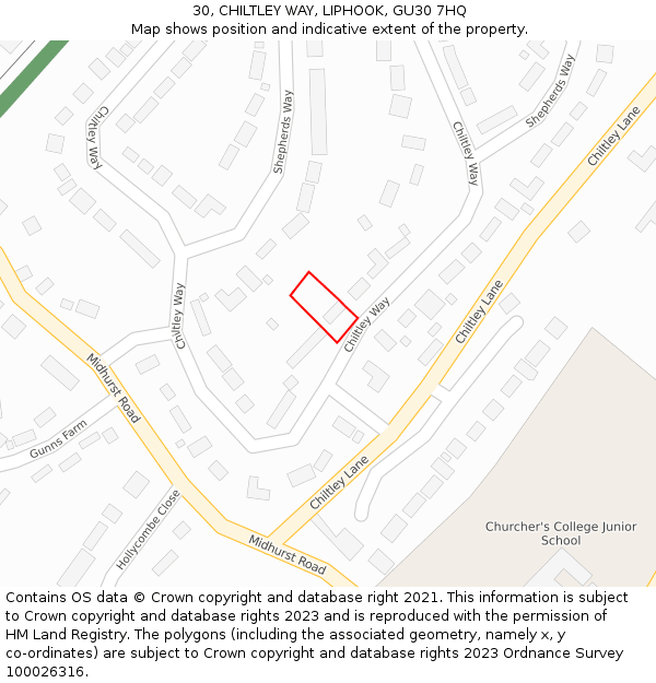 30, CHILTLEY WAY, LIPHOOK, GU30 7HQ: Location map and indicative extent of plot