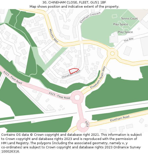 30, CHINEHAM CLOSE, FLEET, GU51 1BF: Location map and indicative extent of plot