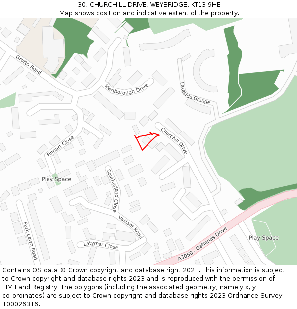 30, CHURCHILL DRIVE, WEYBRIDGE, KT13 9HE: Location map and indicative extent of plot