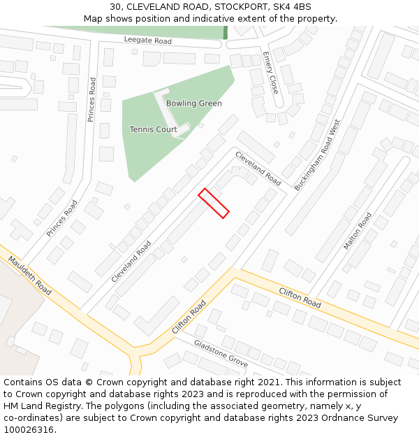 30, CLEVELAND ROAD, STOCKPORT, SK4 4BS: Location map and indicative extent of plot