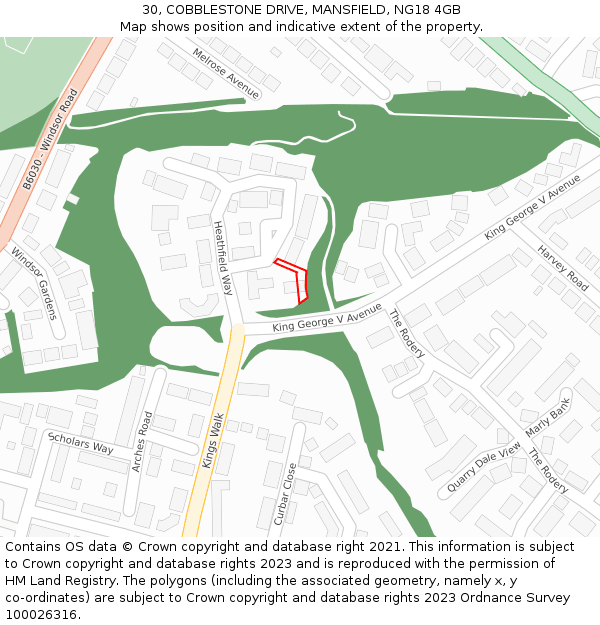 30, COBBLESTONE DRIVE, MANSFIELD, NG18 4GB: Location map and indicative extent of plot