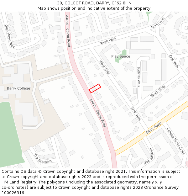 30, COLCOT ROAD, BARRY, CF62 8HN: Location map and indicative extent of plot