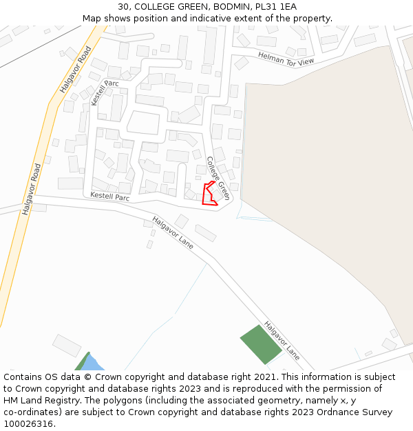 30, COLLEGE GREEN, BODMIN, PL31 1EA: Location map and indicative extent of plot