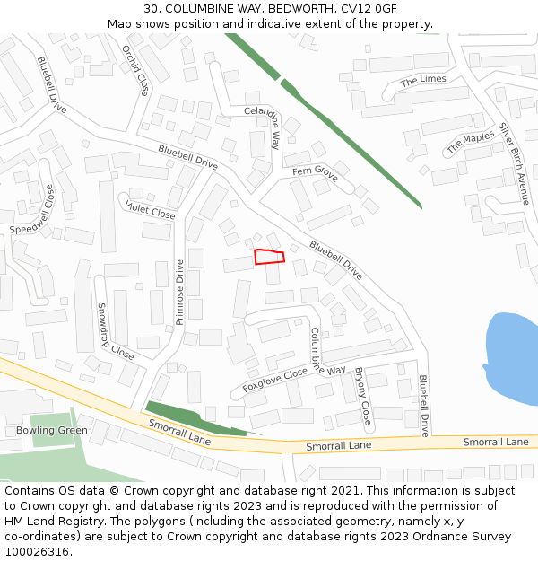 30, COLUMBINE WAY, BEDWORTH, CV12 0GF: Location map and indicative extent of plot