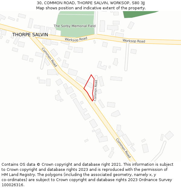 30, COMMON ROAD, THORPE SALVIN, WORKSOP, S80 3JJ: Location map and indicative extent of plot