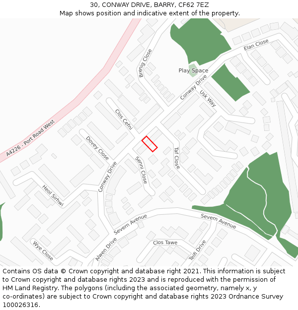30, CONWAY DRIVE, BARRY, CF62 7EZ: Location map and indicative extent of plot