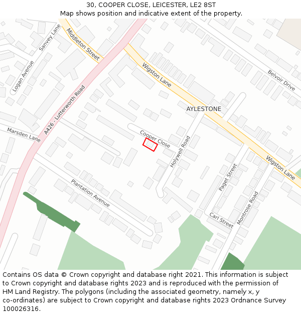 30, COOPER CLOSE, LEICESTER, LE2 8ST: Location map and indicative extent of plot