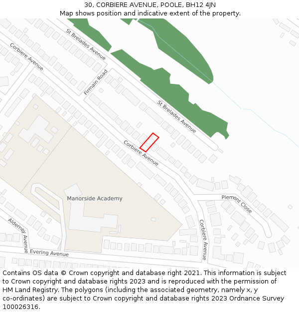 30, CORBIERE AVENUE, POOLE, BH12 4JN: Location map and indicative extent of plot