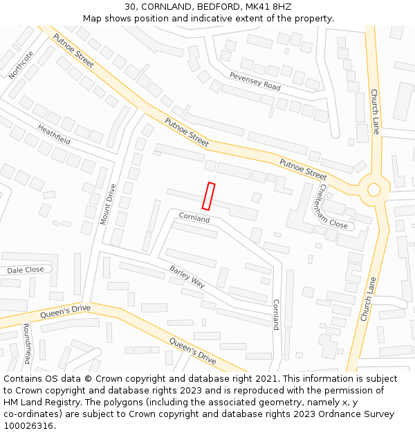 30, CORNLAND, BEDFORD, MK41 8HZ: Location map and indicative extent of plot