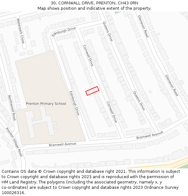 30, CORNWALL DRIVE, PRENTON, CH43 0RN: Location map and indicative extent of plot