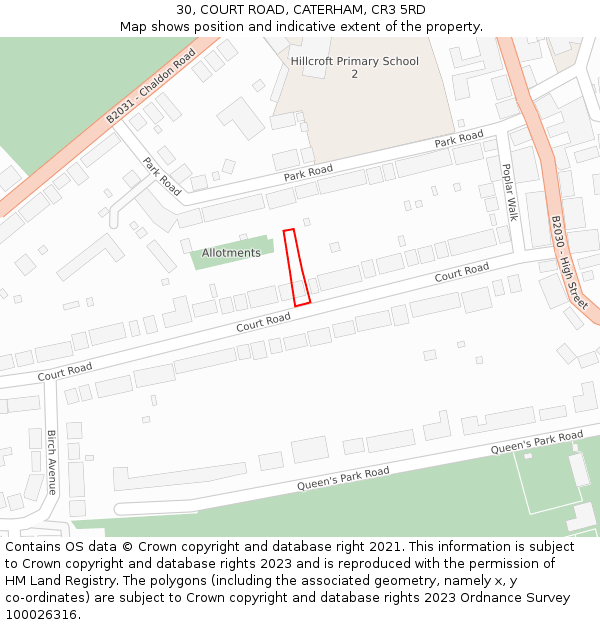 30, COURT ROAD, CATERHAM, CR3 5RD: Location map and indicative extent of plot