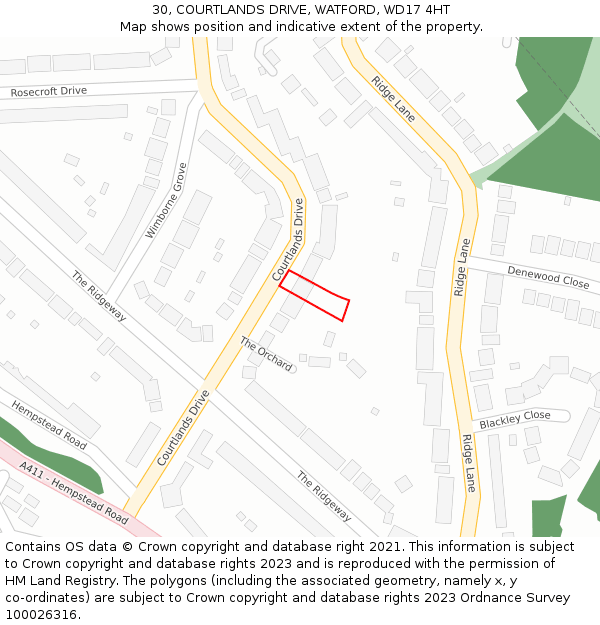 30, COURTLANDS DRIVE, WATFORD, WD17 4HT: Location map and indicative extent of plot