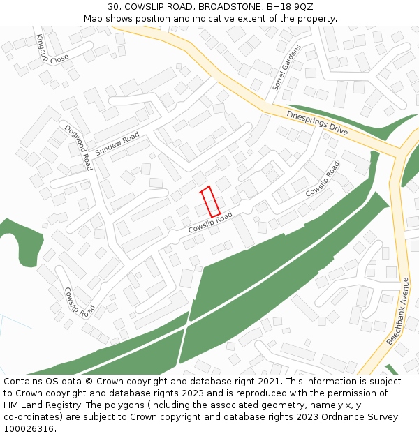 30, COWSLIP ROAD, BROADSTONE, BH18 9QZ: Location map and indicative extent of plot