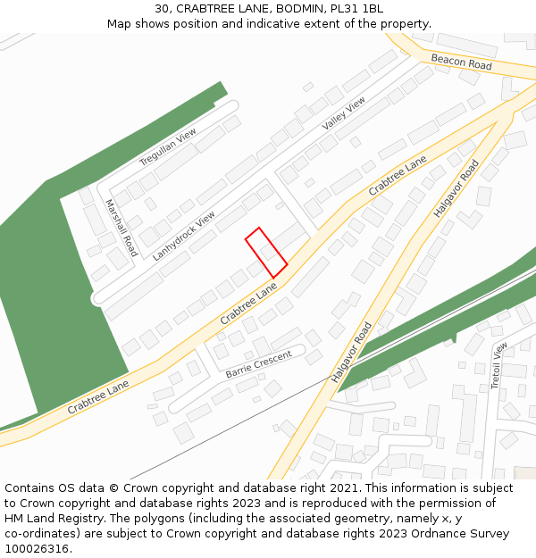 30, CRABTREE LANE, BODMIN, PL31 1BL: Location map and indicative extent of plot