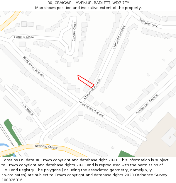 30, CRAIGWEIL AVENUE, RADLETT, WD7 7EY: Location map and indicative extent of plot