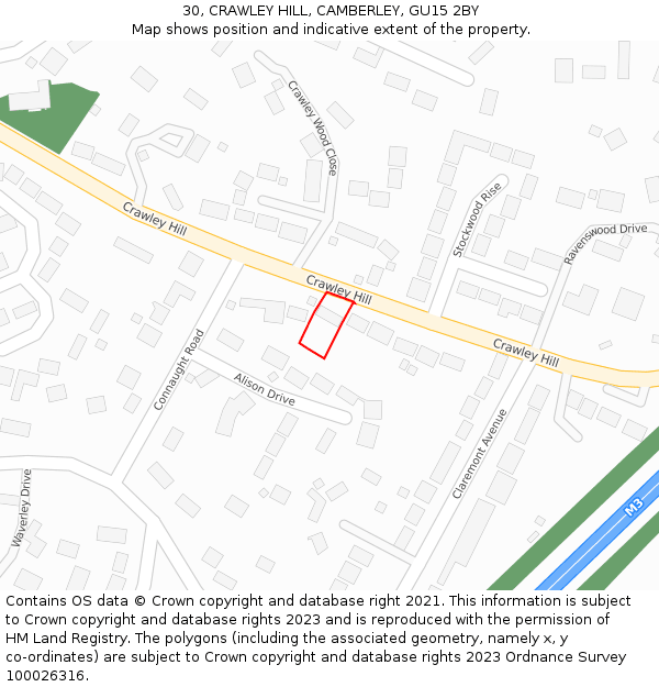 30, CRAWLEY HILL, CAMBERLEY, GU15 2BY: Location map and indicative extent of plot