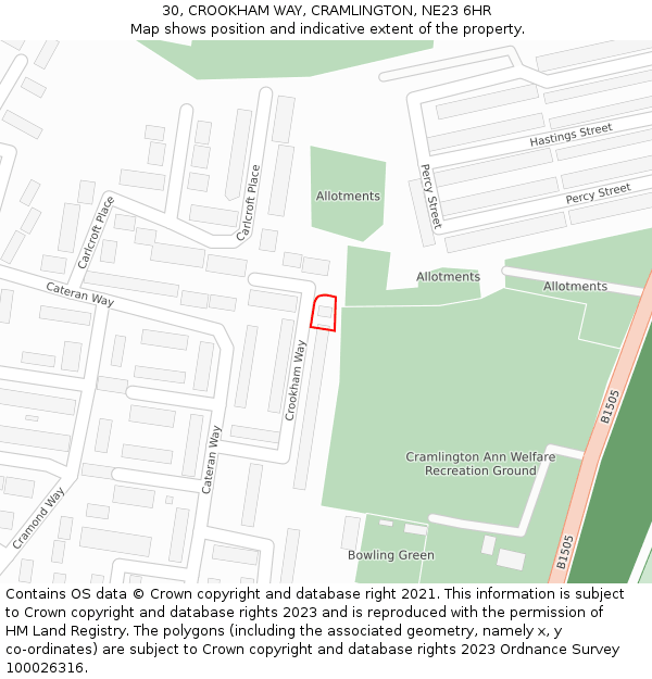30, CROOKHAM WAY, CRAMLINGTON, NE23 6HR: Location map and indicative extent of plot