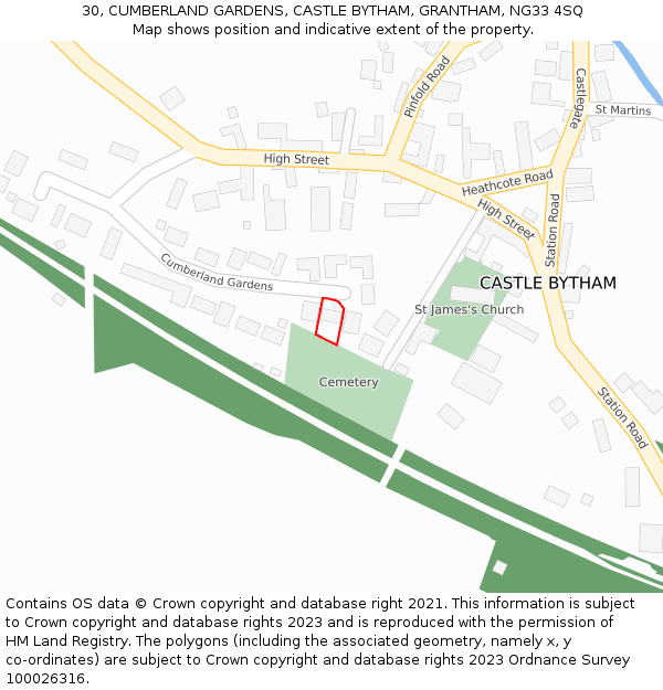 30, CUMBERLAND GARDENS, CASTLE BYTHAM, GRANTHAM, NG33 4SQ: Location map and indicative extent of plot