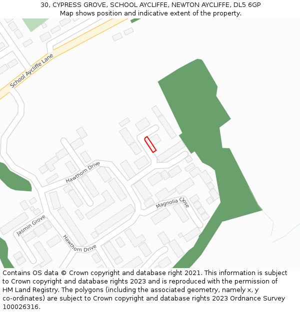 30, CYPRESS GROVE, SCHOOL AYCLIFFE, NEWTON AYCLIFFE, DL5 6GP: Location map and indicative extent of plot