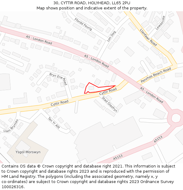 30, CYTTIR ROAD, HOLYHEAD, LL65 2PU: Location map and indicative extent of plot