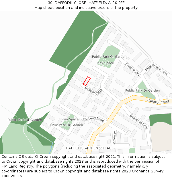 30, DAFFODIL CLOSE, HATFIELD, AL10 9FF: Location map and indicative extent of plot