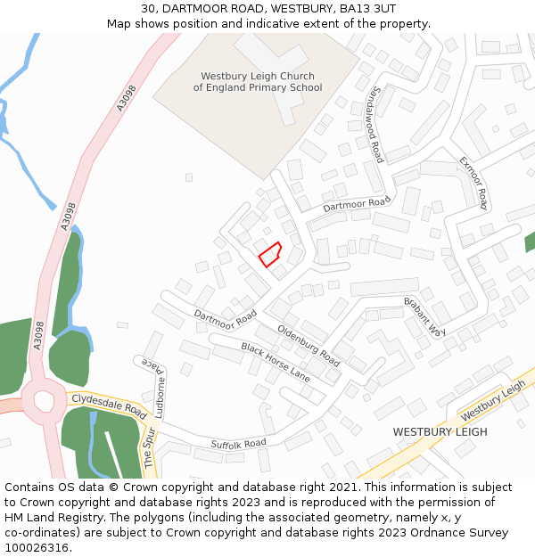 30, DARTMOOR ROAD, WESTBURY, BA13 3UT: Location map and indicative extent of plot