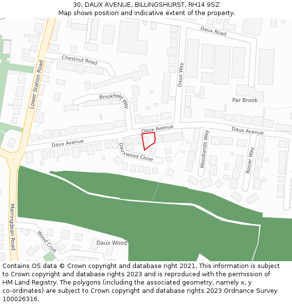 30, DAUX AVENUE, BILLINGSHURST, RH14 9SZ: Location map and indicative extent of plot