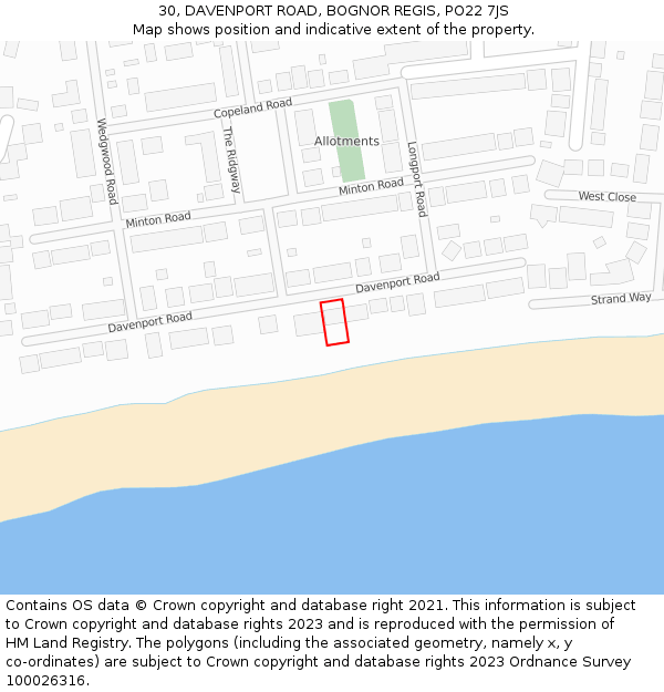 30, DAVENPORT ROAD, BOGNOR REGIS, PO22 7JS: Location map and indicative extent of plot