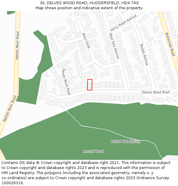 30, DELVES WOOD ROAD, HUDDERSFIELD, HD4 7AS: Location map and indicative extent of plot