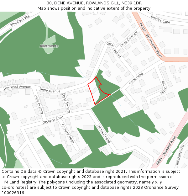 30, DENE AVENUE, ROWLANDS GILL, NE39 1DR: Location map and indicative extent of plot