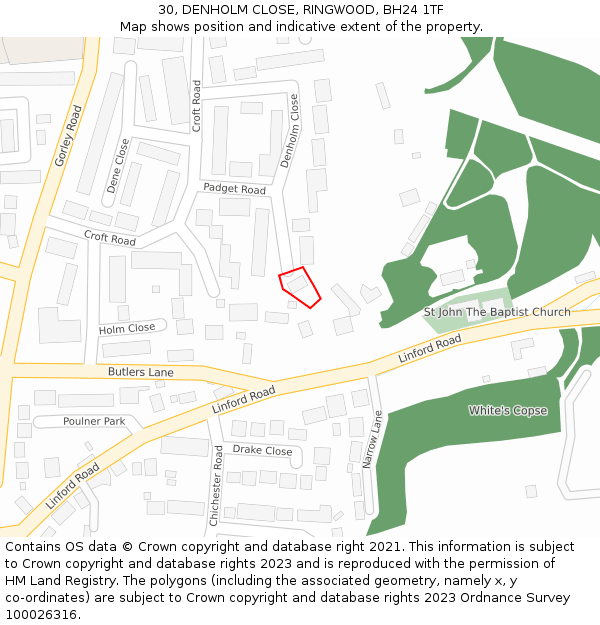 30, DENHOLM CLOSE, RINGWOOD, BH24 1TF: Location map and indicative extent of plot