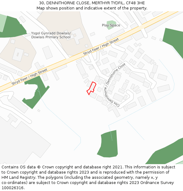 30, DENNITHORNE CLOSE, MERTHYR TYDFIL, CF48 3HE: Location map and indicative extent of plot