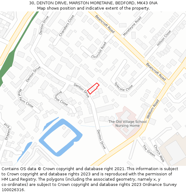 30, DENTON DRIVE, MARSTON MORETAINE, BEDFORD, MK43 0NA: Location map and indicative extent of plot