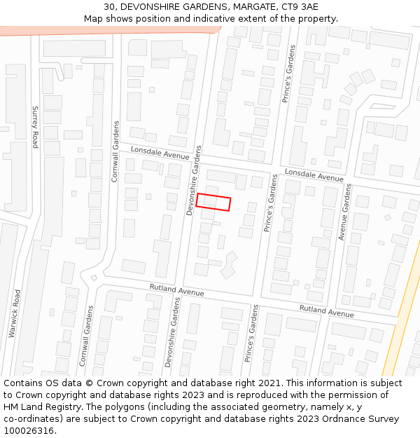 30, DEVONSHIRE GARDENS, MARGATE, CT9 3AE: Location map and indicative extent of plot