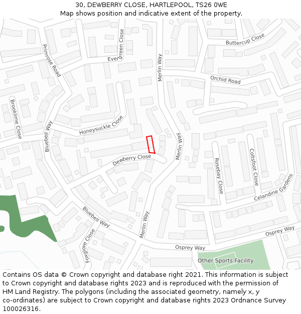 30, DEWBERRY CLOSE, HARTLEPOOL, TS26 0WE: Location map and indicative extent of plot