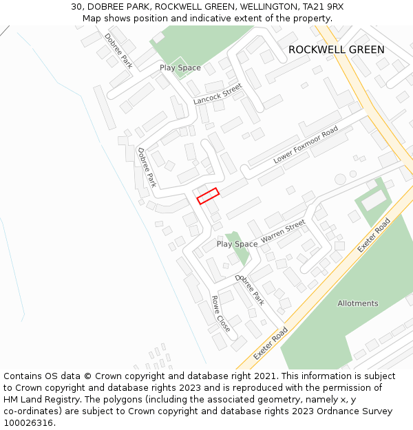 30, DOBREE PARK, ROCKWELL GREEN, WELLINGTON, TA21 9RX: Location map and indicative extent of plot