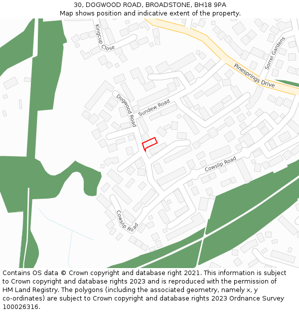 30, DOGWOOD ROAD, BROADSTONE, BH18 9PA: Location map and indicative extent of plot