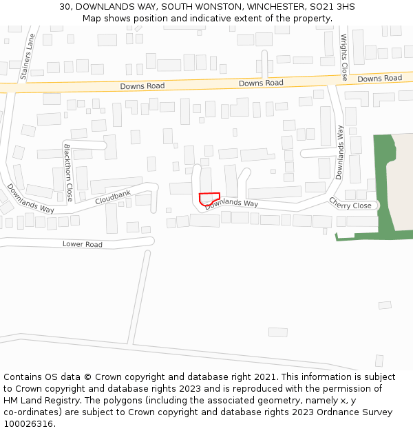 30, DOWNLANDS WAY, SOUTH WONSTON, WINCHESTER, SO21 3HS: Location map and indicative extent of plot