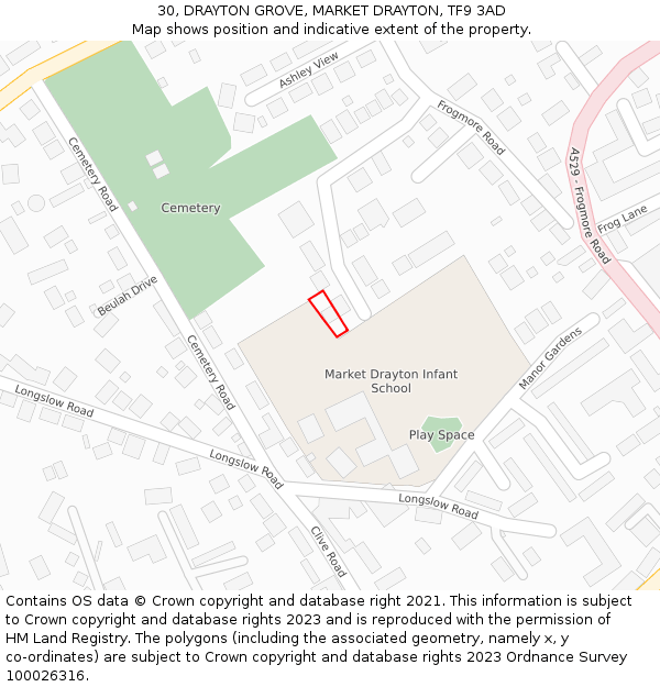 30, DRAYTON GROVE, MARKET DRAYTON, TF9 3AD: Location map and indicative extent of plot