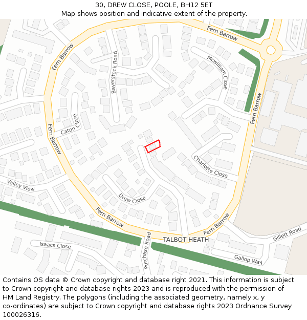 30, DREW CLOSE, POOLE, BH12 5ET: Location map and indicative extent of plot