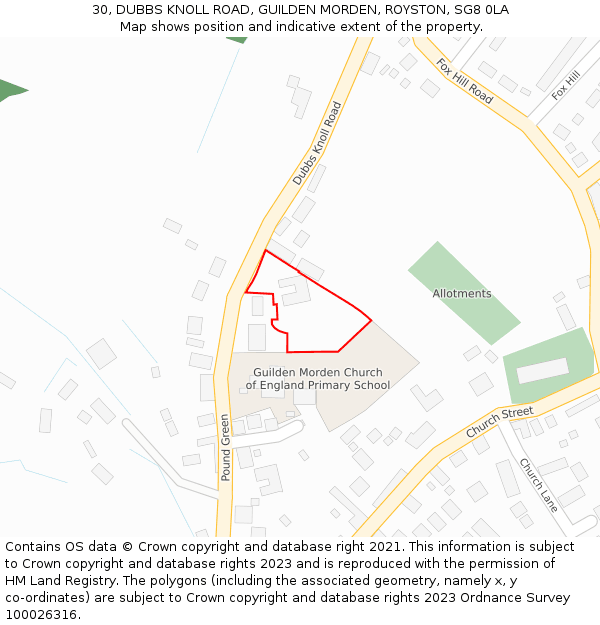 30, DUBBS KNOLL ROAD, GUILDEN MORDEN, ROYSTON, SG8 0LA: Location map and indicative extent of plot