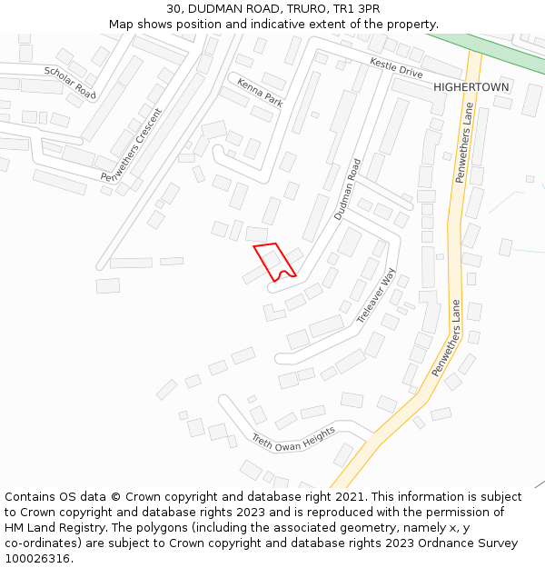 30, DUDMAN ROAD, TRURO, TR1 3PR: Location map and indicative extent of plot
