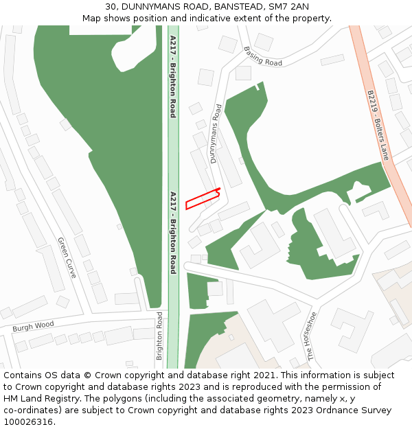 30, DUNNYMANS ROAD, BANSTEAD, SM7 2AN: Location map and indicative extent of plot