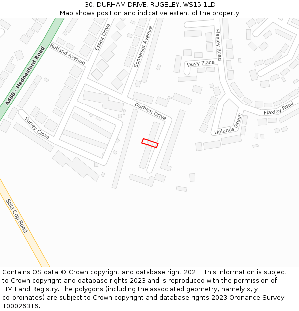 30, DURHAM DRIVE, RUGELEY, WS15 1LD: Location map and indicative extent of plot