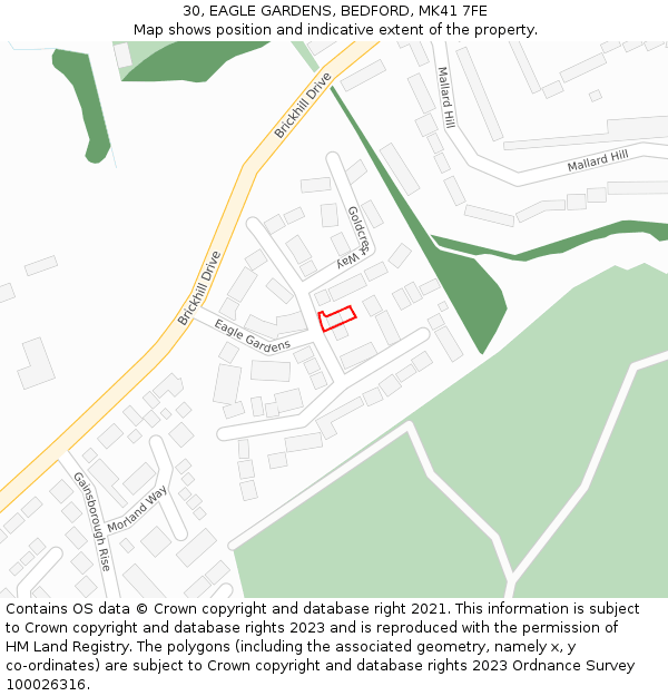 30, EAGLE GARDENS, BEDFORD, MK41 7FE: Location map and indicative extent of plot