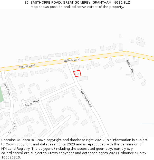 30, EASTHORPE ROAD, GREAT GONERBY, GRANTHAM, NG31 8LZ: Location map and indicative extent of plot